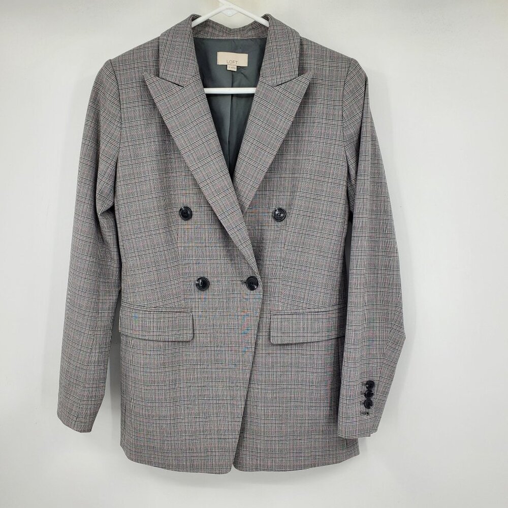 Loft Ann Taylor Women's Grey‎ and Pink Plaid Double Breasted Blazer Jacket 0